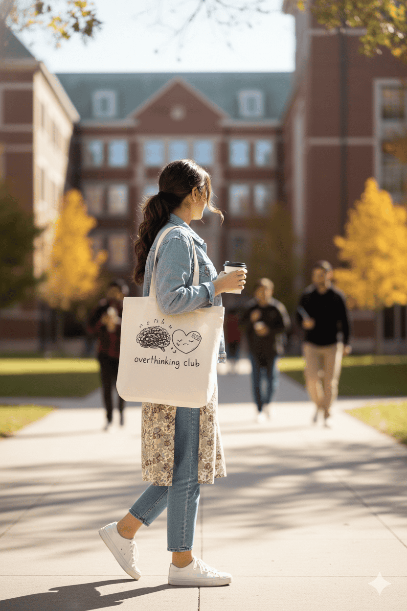 Overthinking Club Canvas Tote Bag | Eco-Friendly Cotton Tote for Daily Use & College