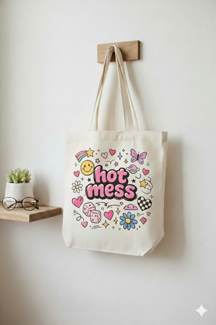 Hot Mess Aesthetic Tote Bag for Women – Cute Gen-Z Canvas Shoulder Bag for College, Travel & Everyday Style
